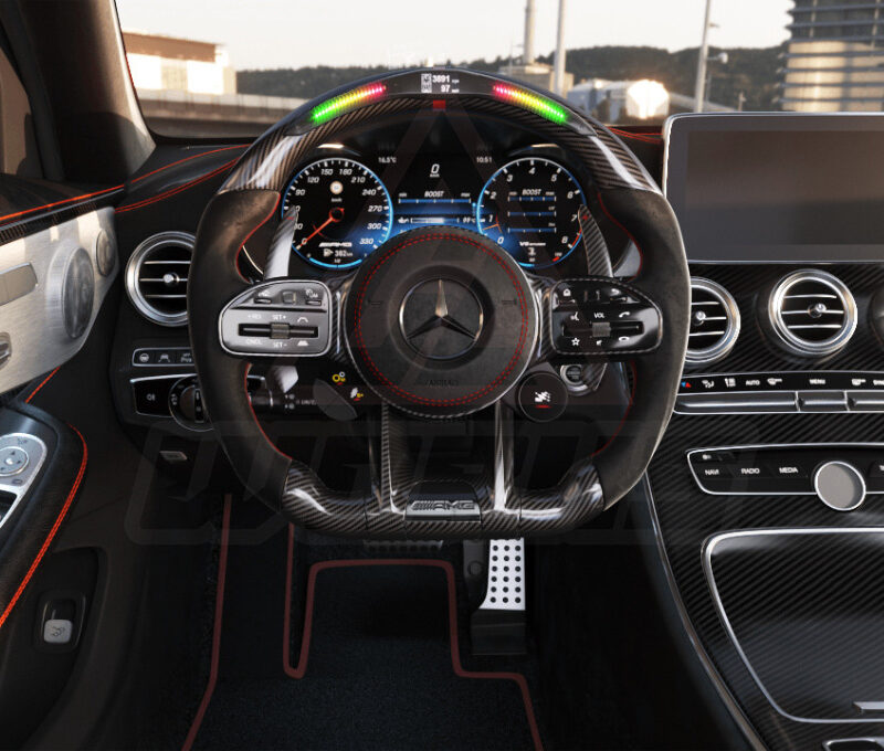 Front view of a year 2019 generation mercedes amg steering wheel in carbon fiber, alcantara, extended paddle shifters, piano black buttons, red accents. U 88 toggle switches and led shift lights